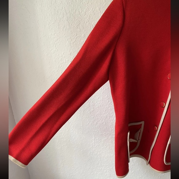 Vintage Red CARDIGAN SWEATER JACKET Gold Piped Luxury Lipstick Red SZ 16 XL Plus - Picture 2 of 6